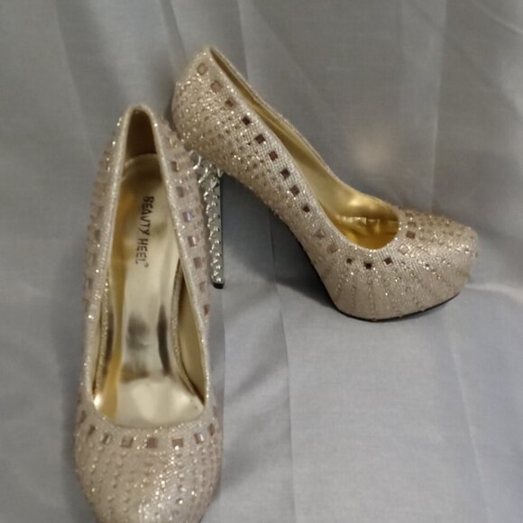 Champagne Rose Rhinestone Gold Spiked Heel 5 1/2in Platform Stiletto - Picture 4 of 12